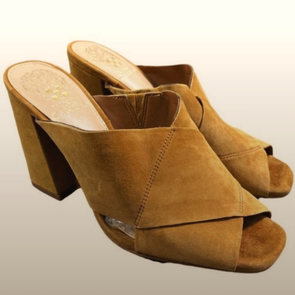 Vince Camuto fits like a 6 Golden Tan Suede Leather Chunky Block Heel Mules
